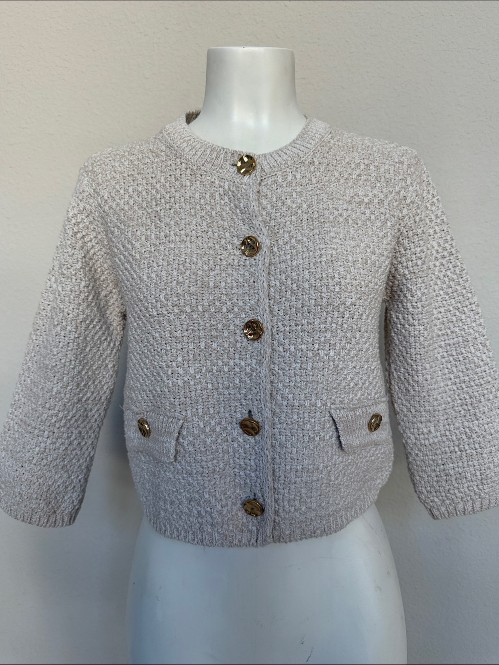 Zara Cream Bouclé Knit Gold Button Jacket